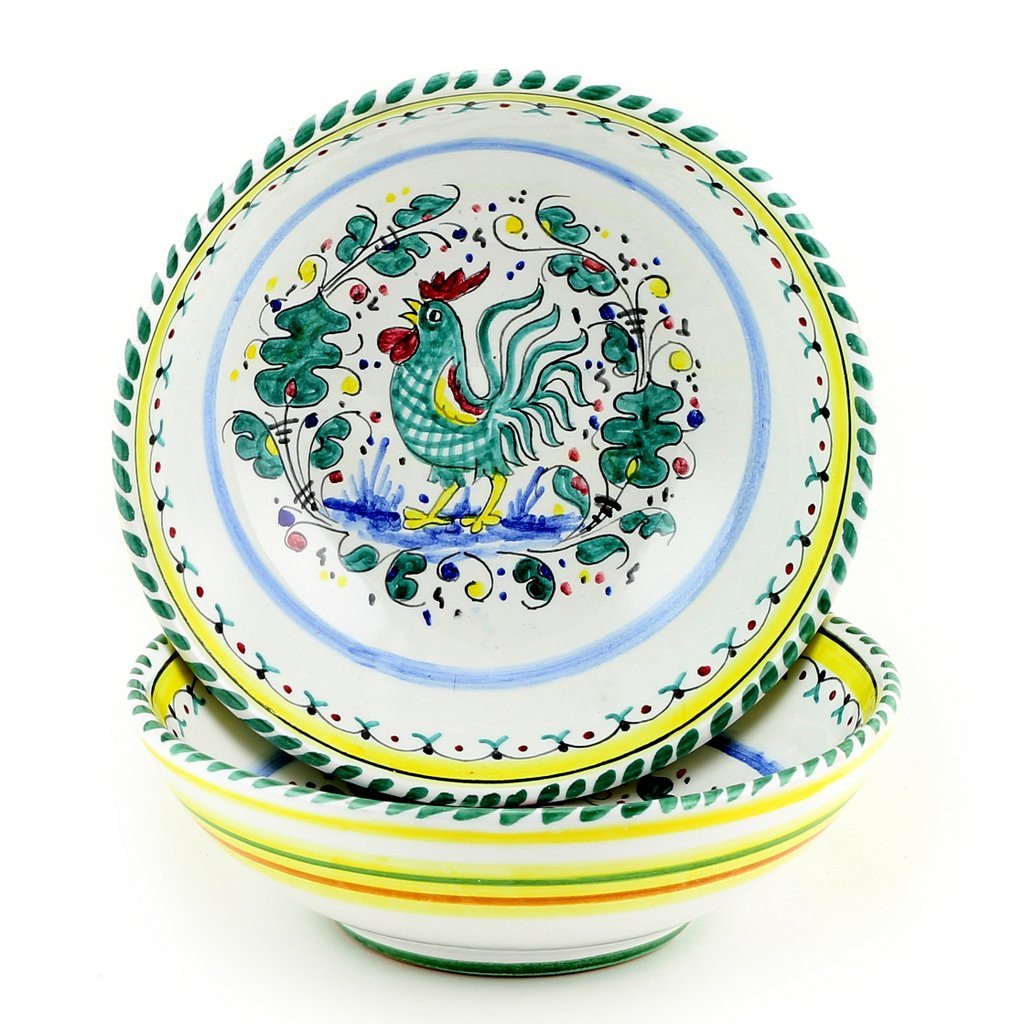 ORVIETO GREEN ROOSTER: Round Traditional Pasta Soup Cereal Bowl~