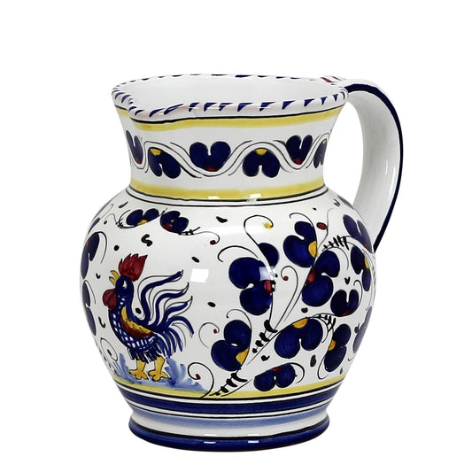 ORVIETO BLU ROOSTER: Traditional Deruta Pitcher (1.25 Liters/40 Oz/5 Cups)