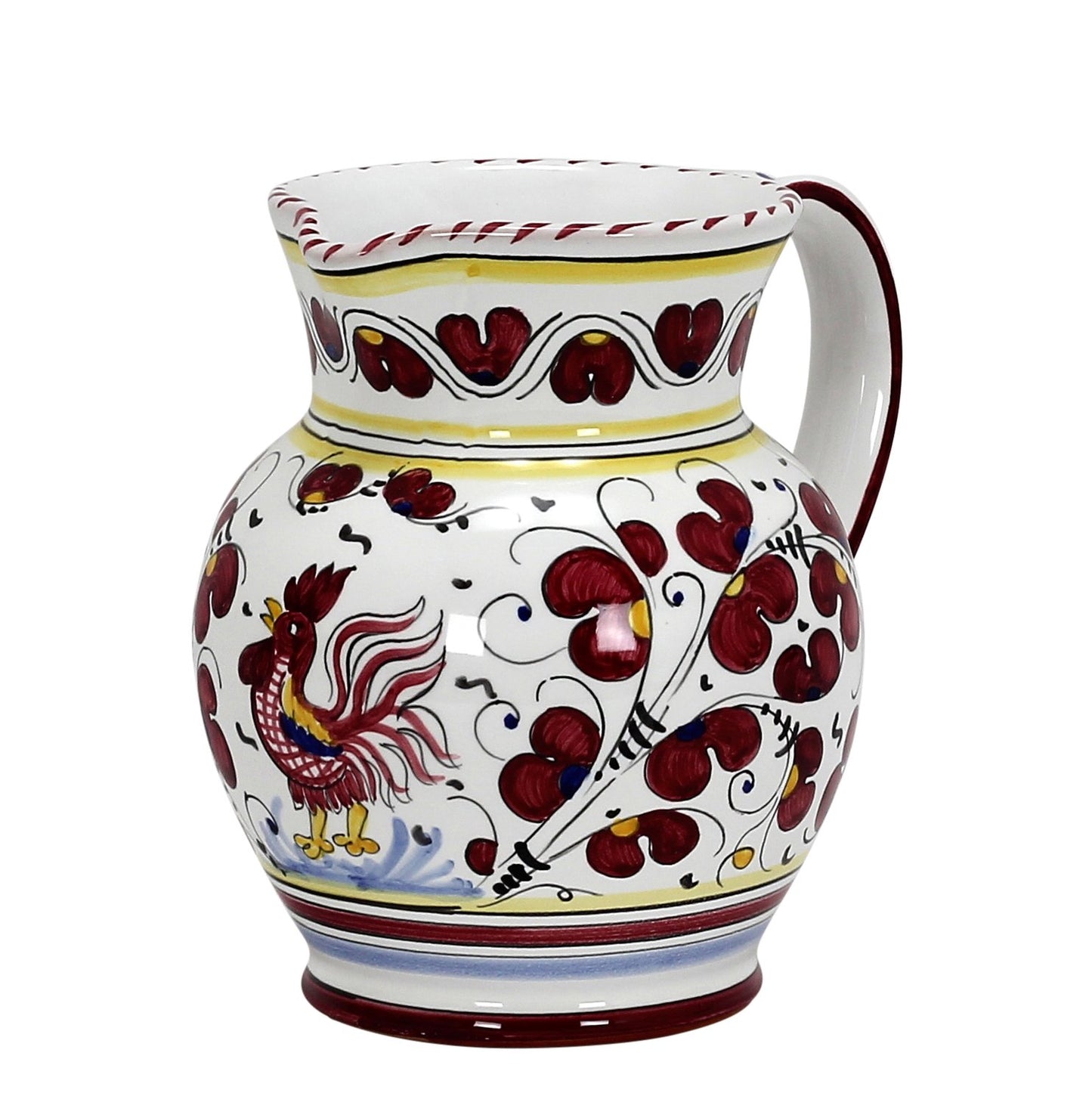 ORVIETO RED ROOSTER: Traditional Deruta Pitcher (1.25 Liters/40 Oz/5 Cups)