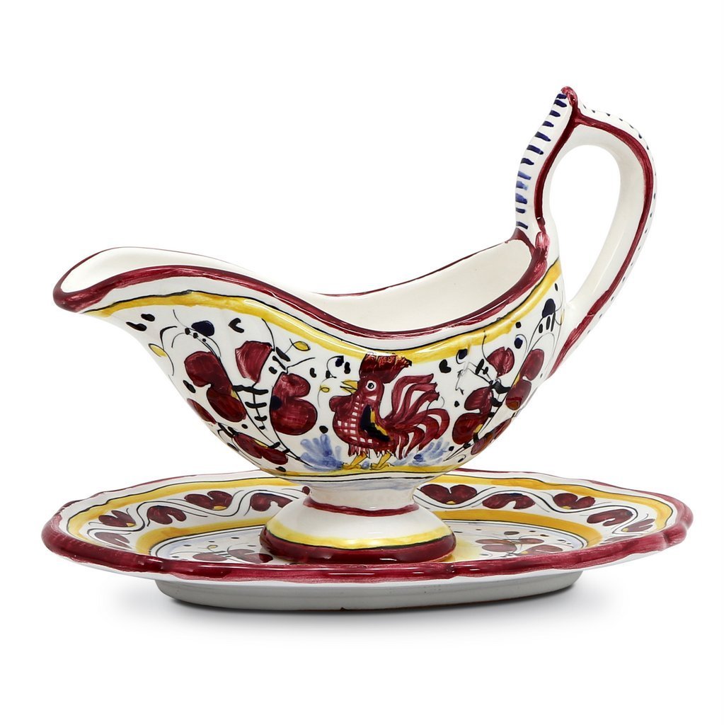 ORVIETO RED ROOSTER: Gravy Sauce Boat with Tray