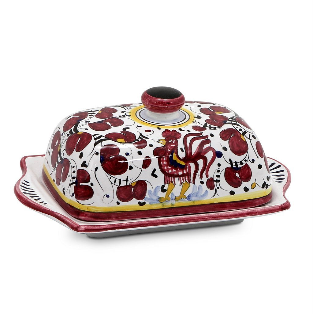 ORVIETO RED ROOSTER: Butter Dish with Cover